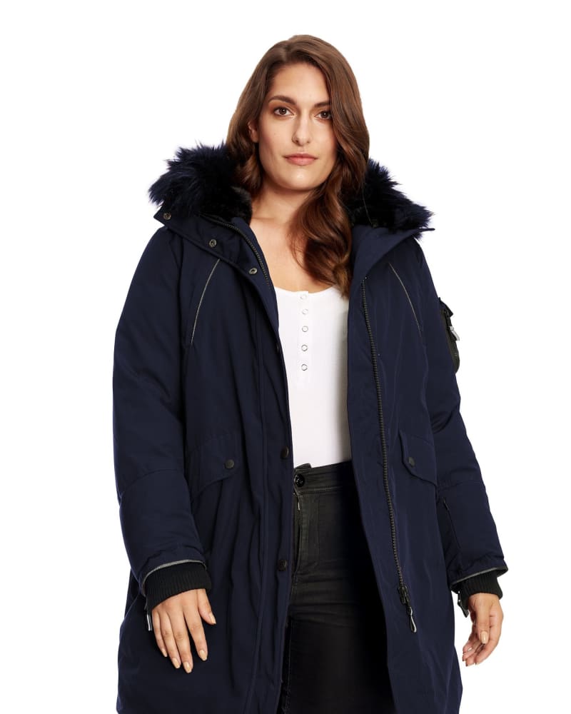 Front of a model wearing a size 4X LAURENTIAN | Vegan Down Recycled Long Parka Winter With Faux Fur Hood in Navy by Alpine North. | dia_product_style_image_id:325597